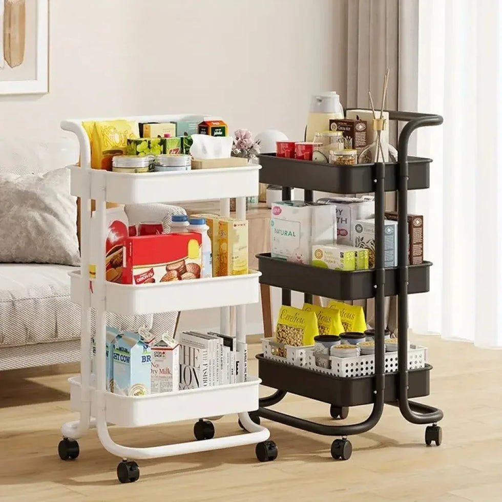 3-tier-folding-metal-cart-with-wheels-white-and-black-dual-carts OllaBox Multi-Tier Kitchen Storage Rack - Image 1
