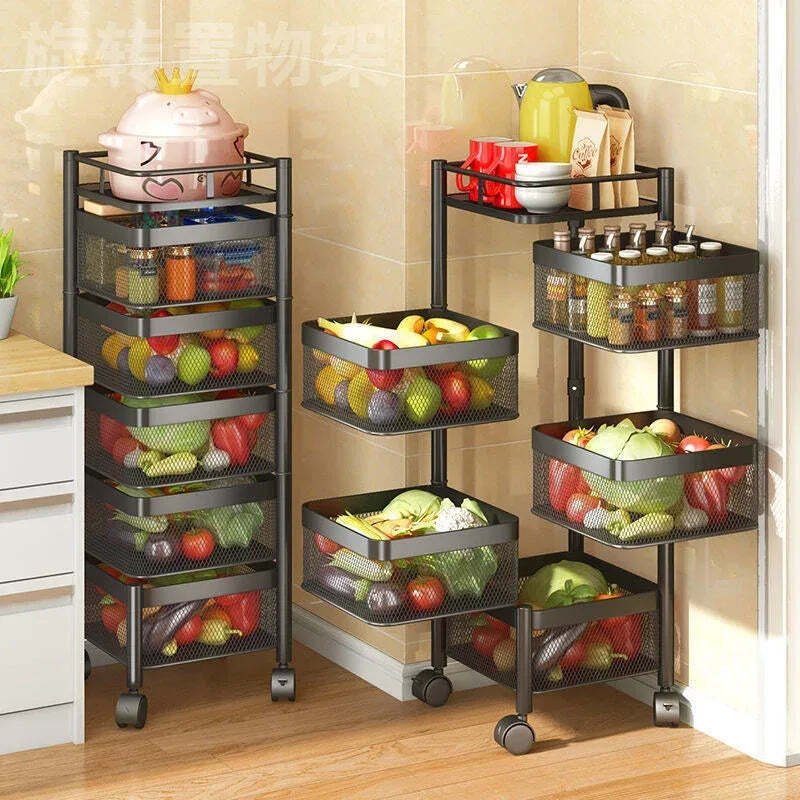 metal-kitchen-storage-basket-black-mesh-multi-tier-rolling OllaBox SpinServe Kitchen Organizer Rack - Image 1